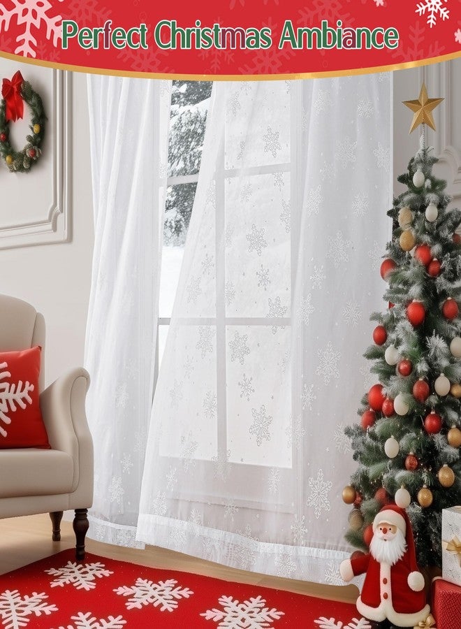 Beauoop Sheer Christmas Curtains 84 Inches Long 2 Panels for Living Room Bedroom White Snowflake Xmas Winter Holiday Decor Privacy Light Filtering Rod Pocket Voile Window Treatments Drapes 52x84 2 Set - Image 2